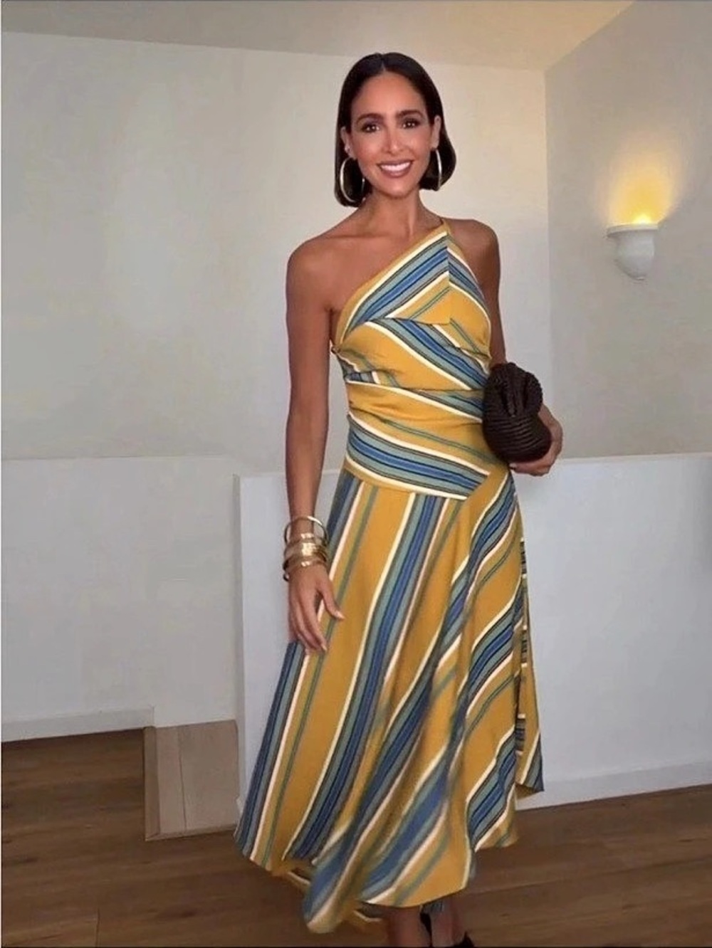 Striped Midi Dress in Yellow & Blue Size Medium